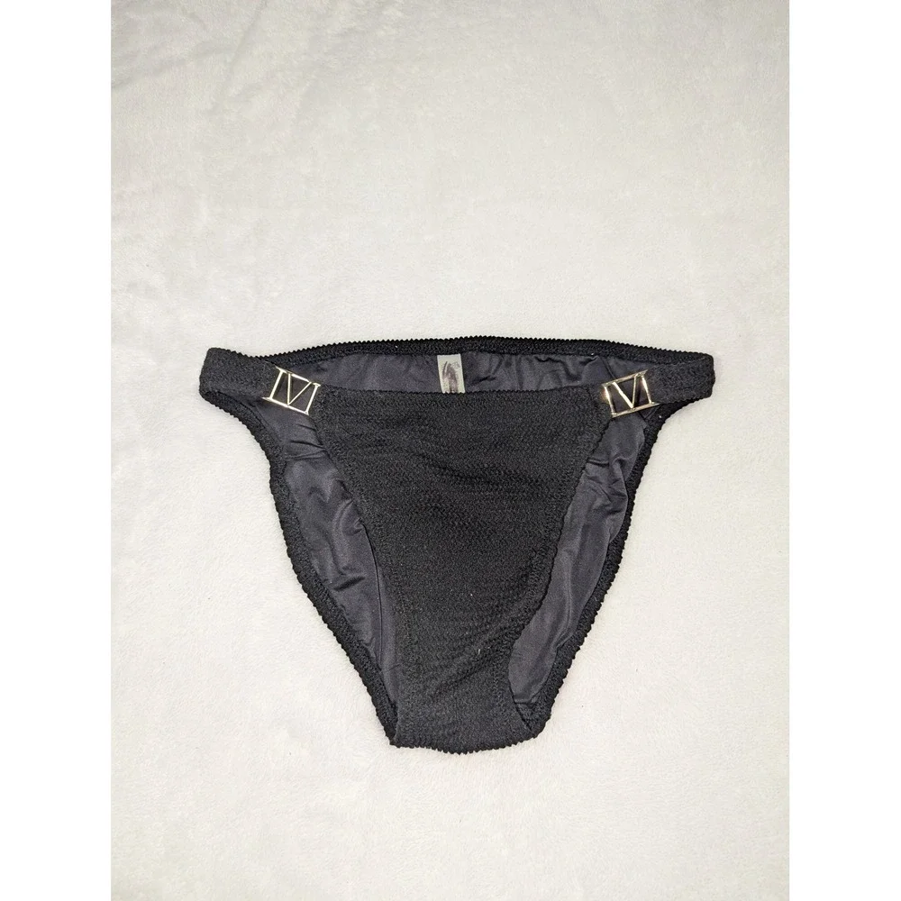 Victoria's Secret Black Smocked‎ Bikini Bottom Gold V Hardware L-XL